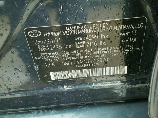 5NPEC4AC7BH229701 - 2011 HYUNDAI SONATA SE GRAY photo 10