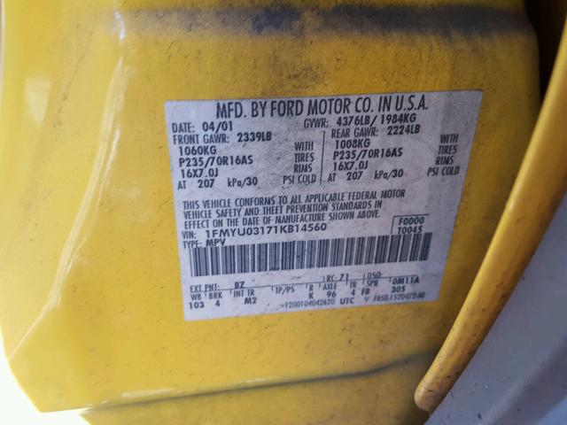 1FMYU03171KB14560 - 2001 FORD ESCAPE XLT YELLOW photo 10