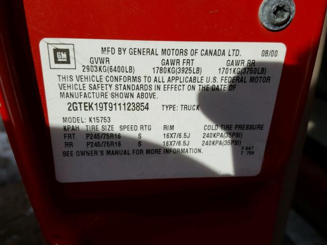 2GTEK19T911123854 - 2001 GMC NEW SIERRA RED photo 10