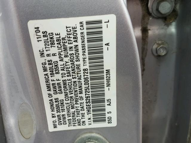 1HGES26725L006728 - 2005 HONDA CIVIC EX SILVER photo 10