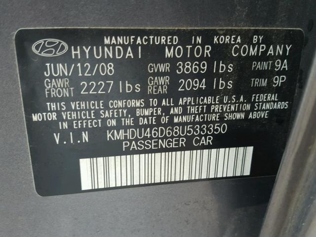 KMHDU46D68U533350 - 2008 HYUNDAI ELANTRA GL GRAY photo 10