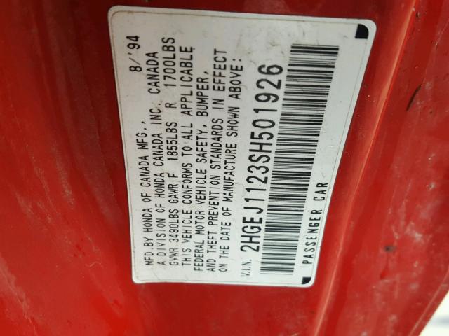 2HGEJ1123SH501926 - 1995 HONDA CIVIC EX წითელი ფოტო 10