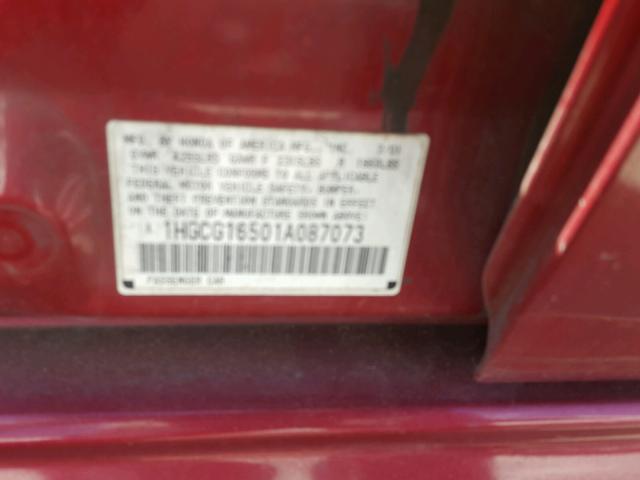 1HGCG16501A087073 - 2001 HONDA ACCORD EX MAROON photo 10