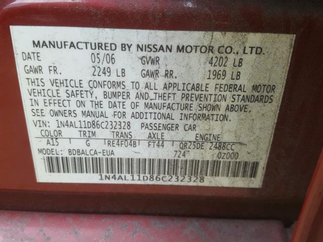 1N4AL11D86C232328 - 2006 NISSAN ALTIMA S BURGUNDY photo 10