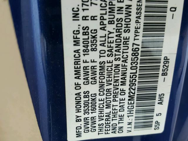 1HGEM22955L035867 - 2005 HONDA CIVIC EX ლურჯი ფოტო 10