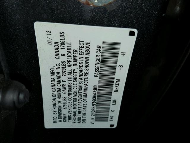 2HGFB2F86CH547580 - 2012 HONDA CIVIC EX ნაცრისფერი ფოტო 10