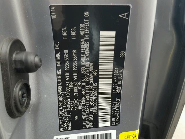 5TDDK3DC7FS095115 - 2015 TOYOTA SIENNA XLE SILVER photo 10