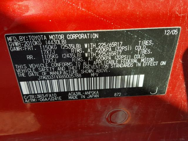 JTMZD31VX65005788 - 2006 TOYOTA RAV4 LIMIT RED photo 10