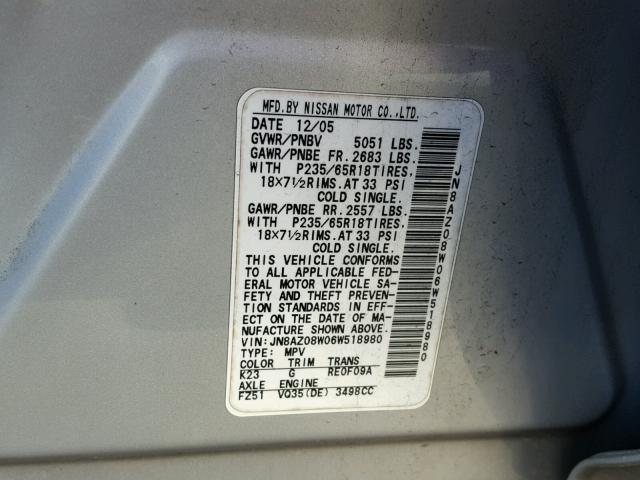 JN8AZ08W06W518980 - 2006 NISSAN MURANO SL SILVER photo 10