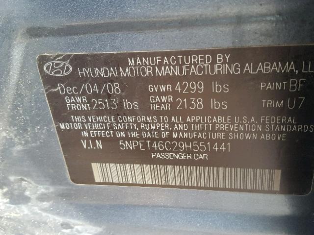 5NPET46C29H551441 - 2009 HYUNDAI SONATA GLS BLUE photo 10