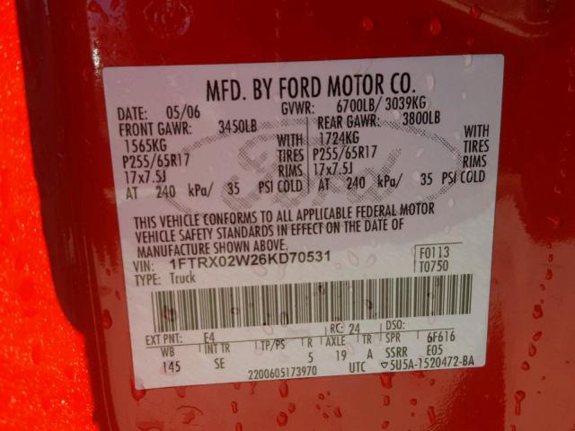 1FTRX02W26KD70531 - 2006 FORD F150 RED photo 10