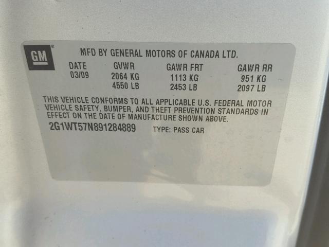 2G1WT57N891284889 - 2009 CHEVROLET IMPALA 1LT SILVER photo 10