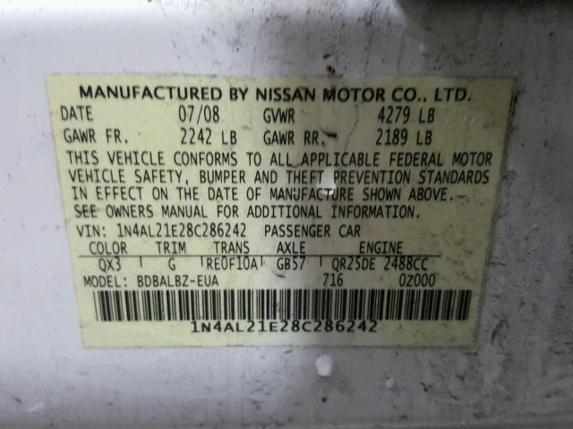 1N4AL21E28C286242 - 2008 NISSAN ALTIMA 2.5 WHITE photo 10