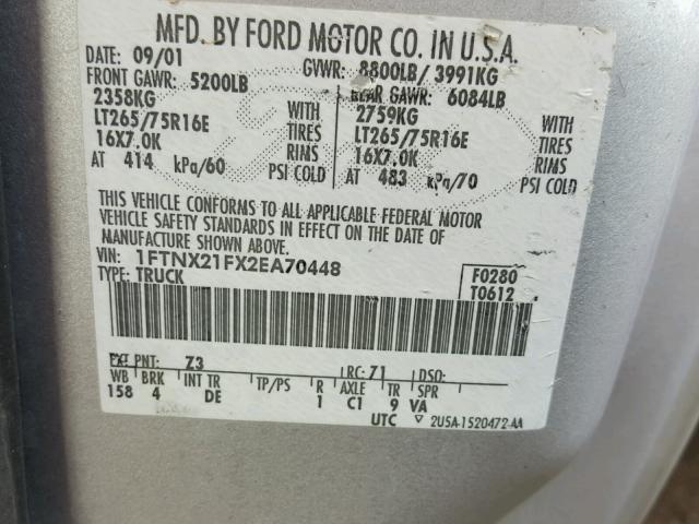 1FTNX21FX2EA70448 - 2002 FORD F250 SUPER GRAY photo 10