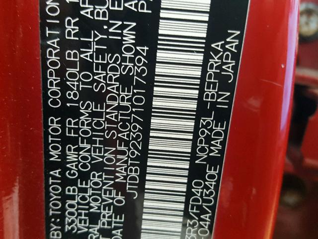 JTDBT923971017394 - 2007 TOYOTA YARIS RED photo 10