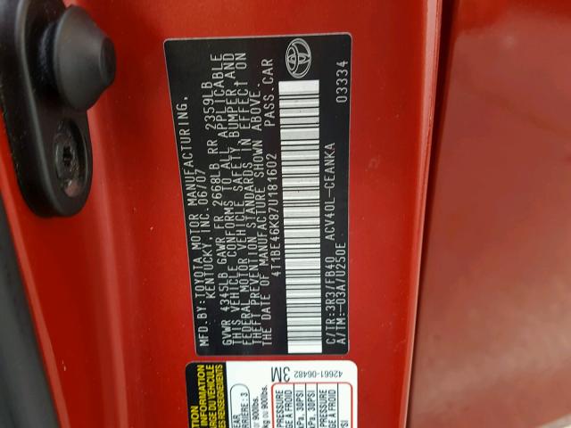 4T1BE46K87U181602 - 2007 TOYOTA CAMRY NEW RED photo 10