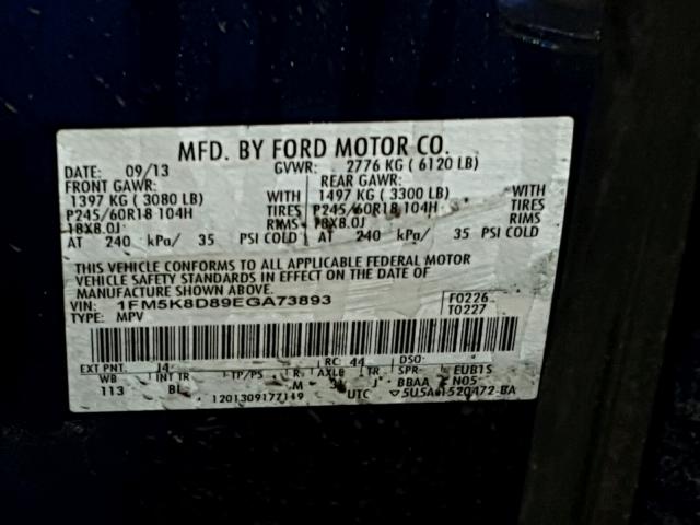 1FM5K8D89EGA73893 - 2014 FORD EXPLORER X BLUE photo 10