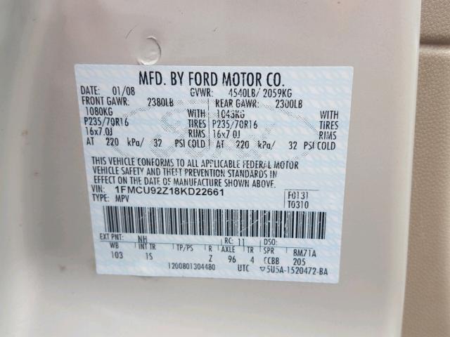 1FMCU92Z18KD22661 - 2008 FORD ESCAPE XLS BEIGE photo 10