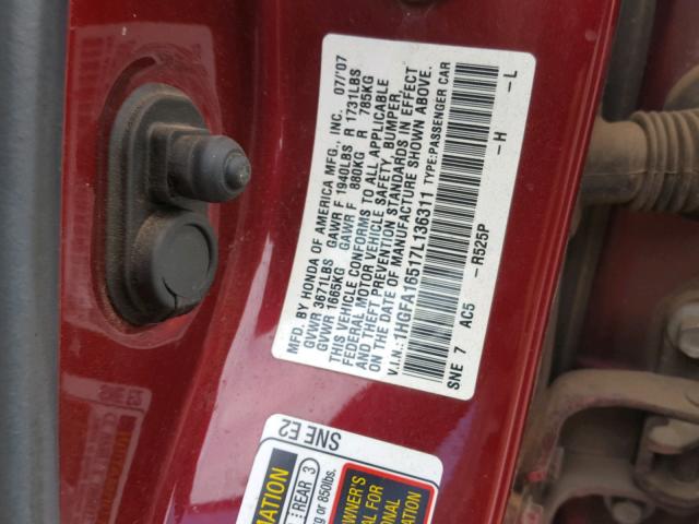 1HGFA16517L136311 - 2007 HONDA CIVIC LX MAROON photo 10