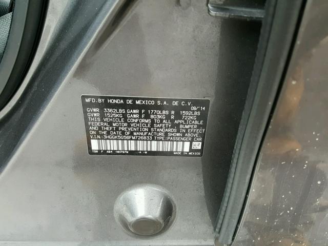 3HGGK5G56FM726833 - 2015 HONDA FIT LX رمادي صورة 10