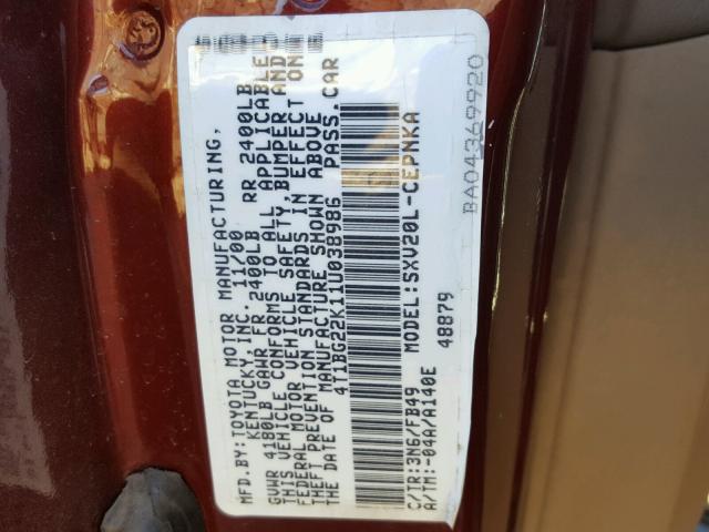 4T1BG22K11U038986 - 2001 TOYOTA CAMRY CE RED photo 10