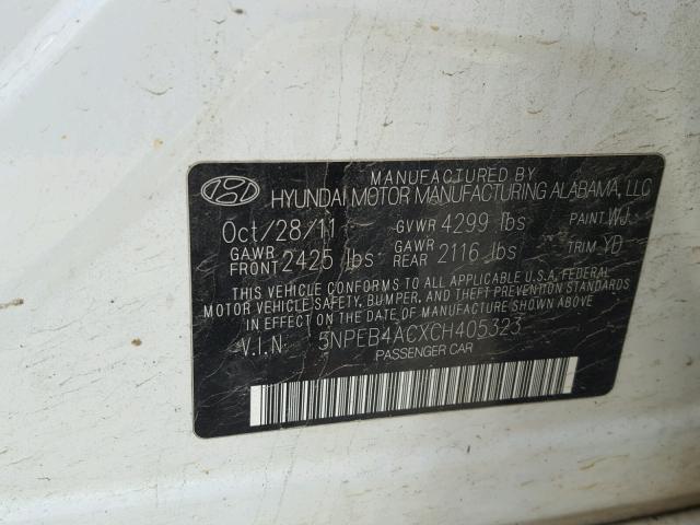 5NPEB4ACXCH405323 - 2012 HYUNDAI SONATA GLS WHITE photo 10