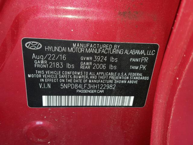 5NPD84LF3HH122982 - 2017 HYUNDAI ELANTRA SE RED photo 10