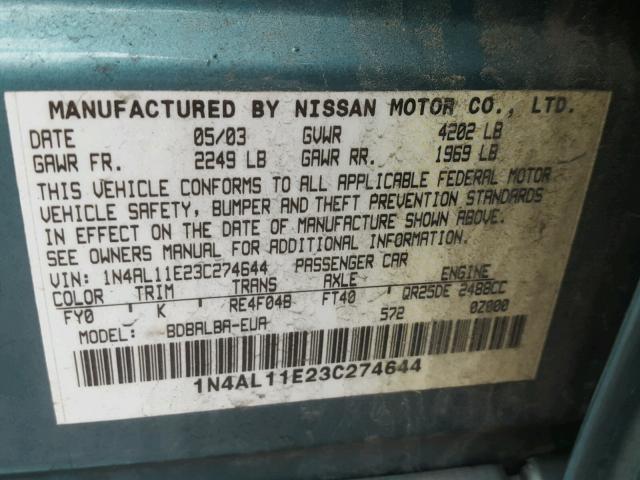 1N4AL11E23C274644 - 2003 NISSAN ALTIMA BAS BLUE photo 10