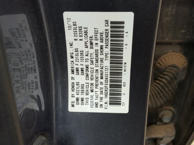 1HGCR2F50DA051727 - 2013 HONDA ACCORD SPO GRAY photo 10