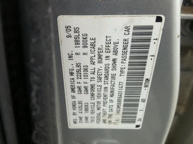 1HGCM56856A011477 - 2006 HONDA ACCORD EX SILVER photo 10