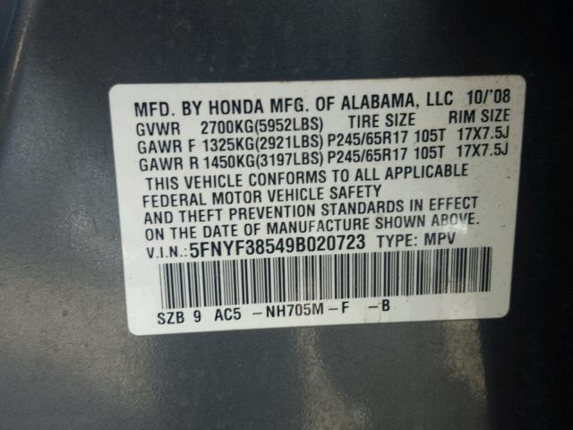 5FNYF38549B020723 - 2009 HONDA PILOT EXL GRAY photo 10