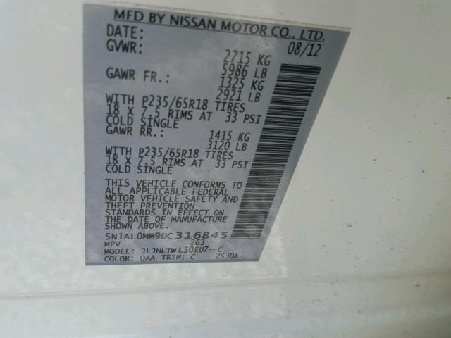 5N1AL0MM9DC316845 - 2013 INFINITI JX35 BASE WHITE photo 10