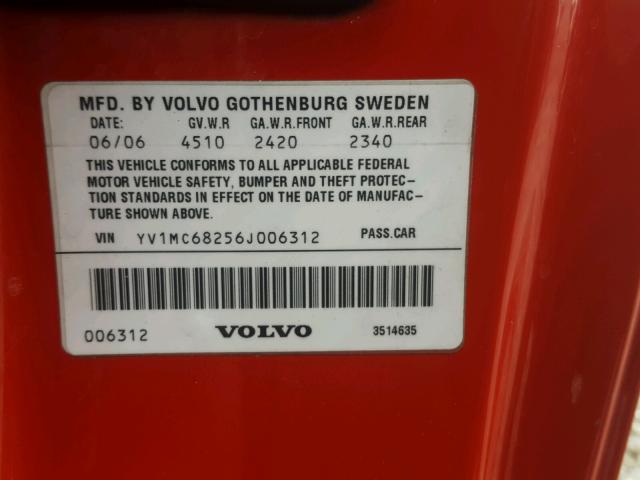 YV1MC68256J006312 - 2006 VOLVO C70 T5 RED photo 10