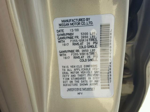 JN8DR09Y41W588987 - 2001 NISSAN PATHFINDER GOLD photo 10