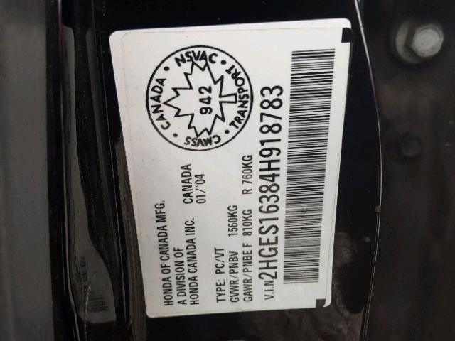 2HGES16384H918783 - 2004 HONDA CIVIC DX V BLACK photo 10