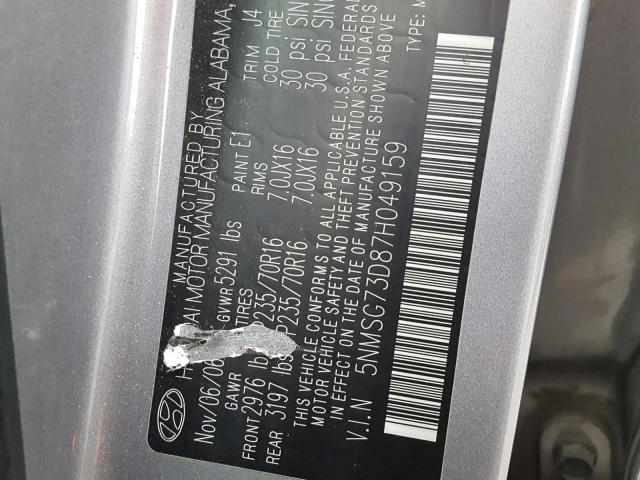 5NMSG73D87H049159 - 2007 HYUNDAI SANTA FE G GRAY photo 10