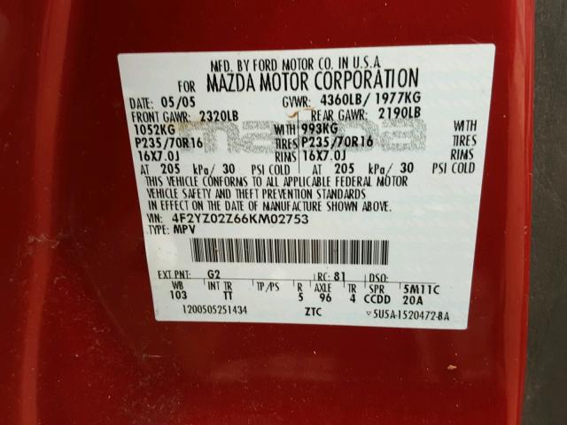 4F2YZ02Z66KM02753 - 2006 MAZDA TRIBUTE I RED photo 10