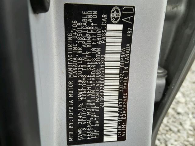 2T1KR32E86C601390 - 2006 TOYOTA COROLLA MA SILVER photo 10