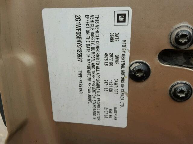 2G1WF55E4Y9125927 - 2000 CHEVROLET IMPALA 金色 照片 10