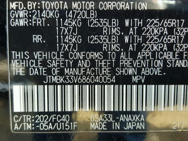 JTMBK33V686040054 - 2008 TOYOTA RAV4 BLACK photo 10