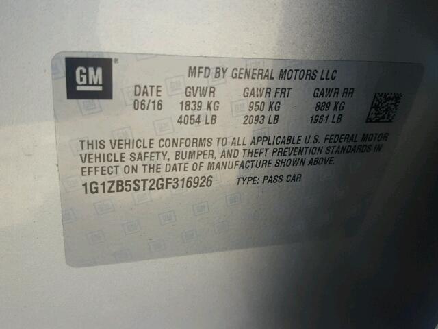 1G1ZB5ST2GF316926 - 2016 CHEVROLET MALIBU LS ვერცხლისფერი ფოტო 10