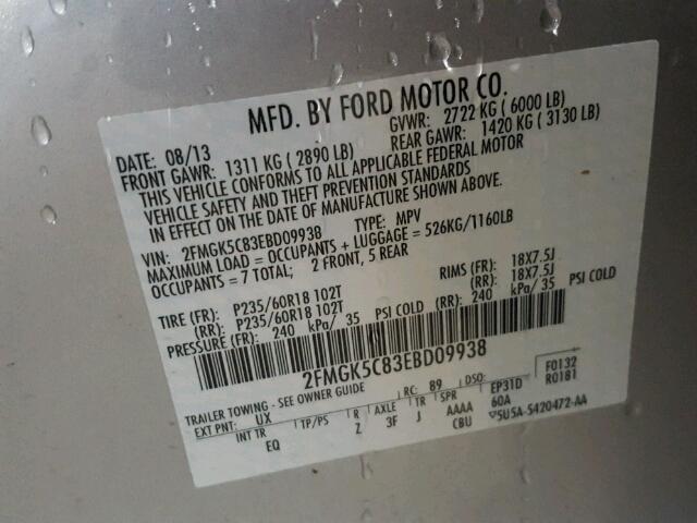 2FMGK5C83EBD09938 - 2014 FORD FLEX SEL Արծաթագույն լուսանկար 10