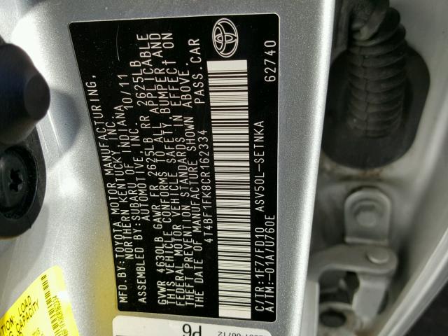 4T4BF1FK8CR162334 - 2012 TOYOTA CAMRY BASE SILVER photo 10