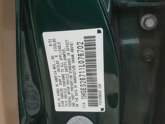 1HGES26711L076702 - 2001 HONDA CIVIC EX მწვანე ფოტო 10