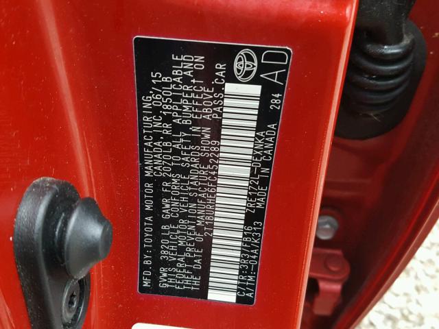 2T1BURHE6FC452289 - 2015 TOYOTA COROLLA L RED photo 10