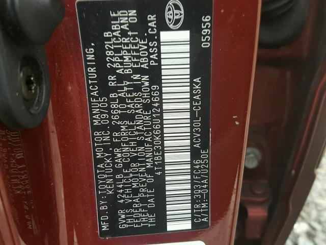 4T1BE30K66U124669 - 2006 TOYOTA CAMRY LE RED photo 10