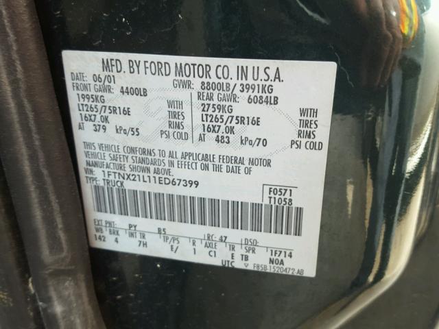 1FTNX21L11ED67399 - 2001 FORD F250 SUPER GREEN photo 10