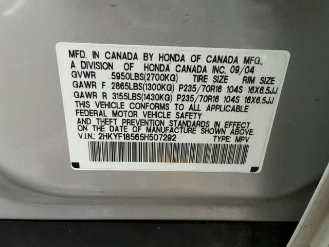 2HKYF18565H507292 - 2005 HONDA PILOT EXL SILVER photo 10