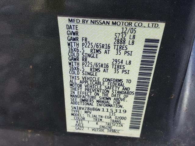 5N1BV28U86N115319 - 2006 NISSAN QUEST S GRAY photo 10