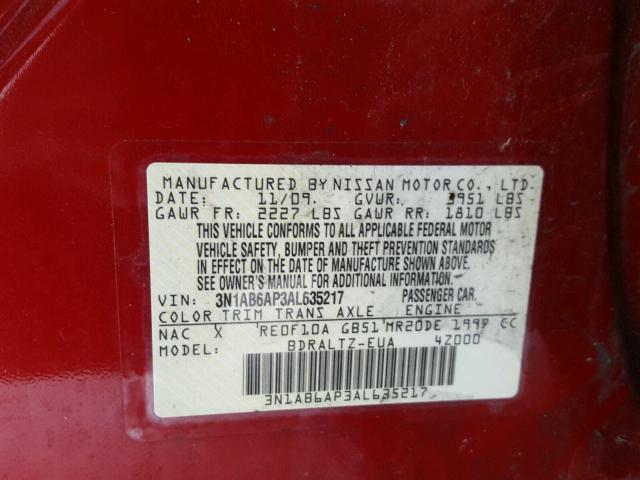 3N1AB6AP3AL635217 - 2010 NISSAN SENTRA 2.0 RED photo 10